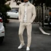 Men's fashionable casual plain-color waffle knit pullover with zipped pocket and collar, high-quality men's jacket, trousers set