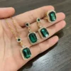Necklace Earrings Ring Jewelry Sets for Women Green Square Rhinestones Pendants Geometry Fashion Wedding Party Accessories Gifts