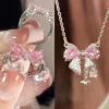 Luxury Fairy Pink Bow Shape Pendant Necklace Rings Set for Women Y2k Clavicle Chain Birthday Party Anniversary Gift Jewelry